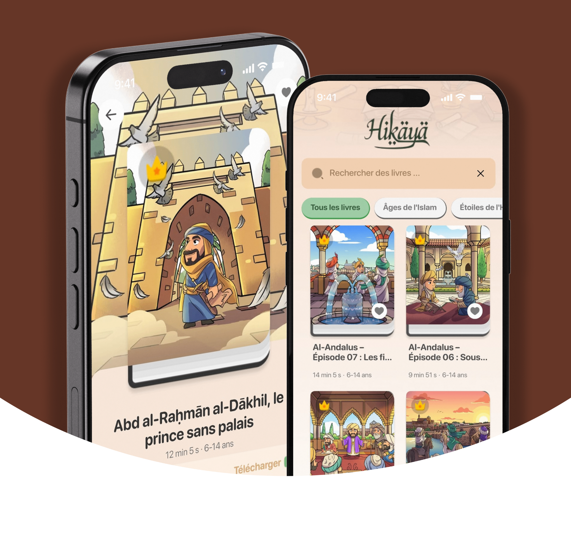Deux iPhones affichant l'application Hikaya : lecture d'une histoire et bibliothèque d'épisodes