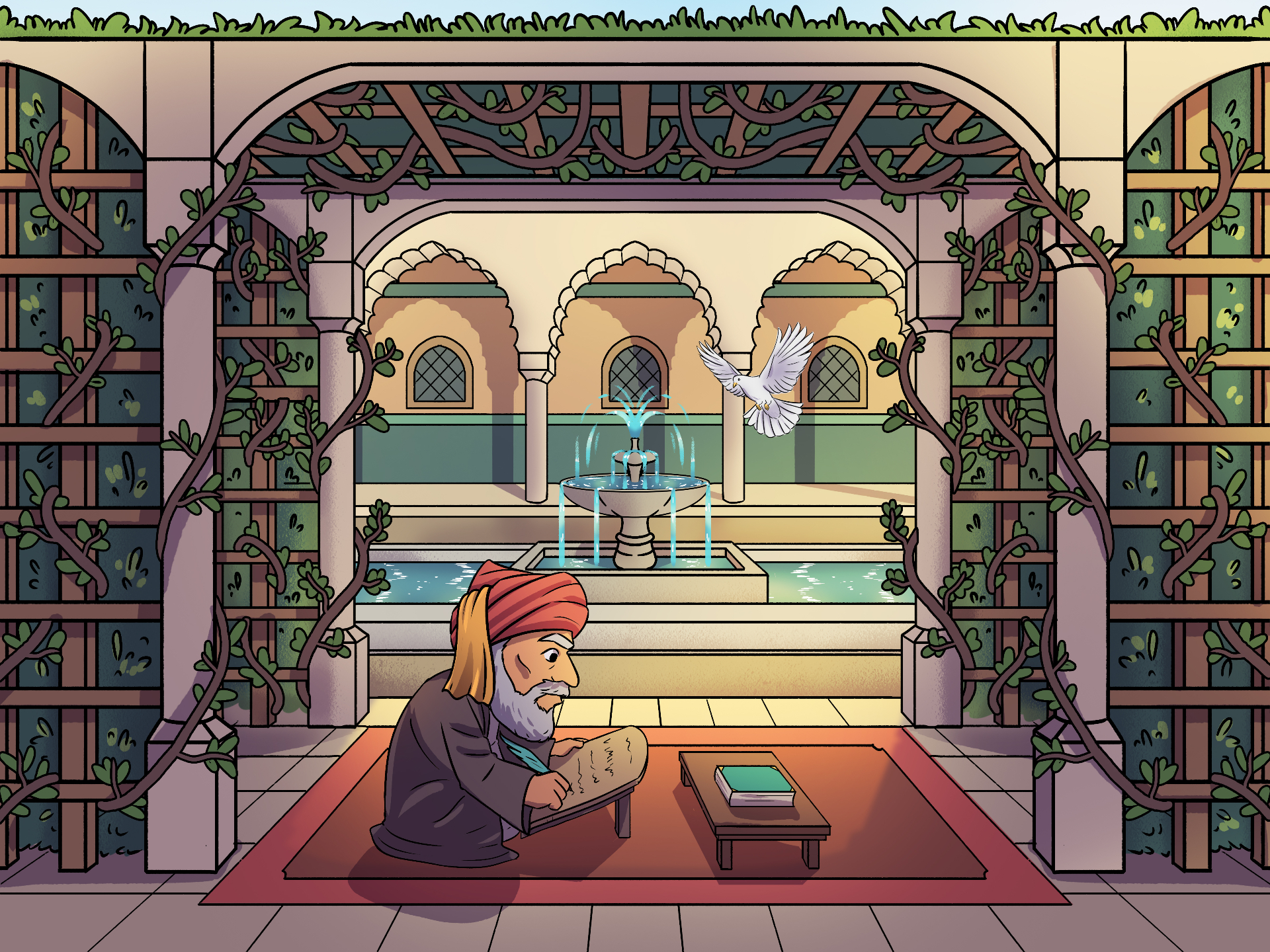 Illustration d'Ibn Hazm écrivant dans un patio andalou, entouré de verdure et d'une fontaine