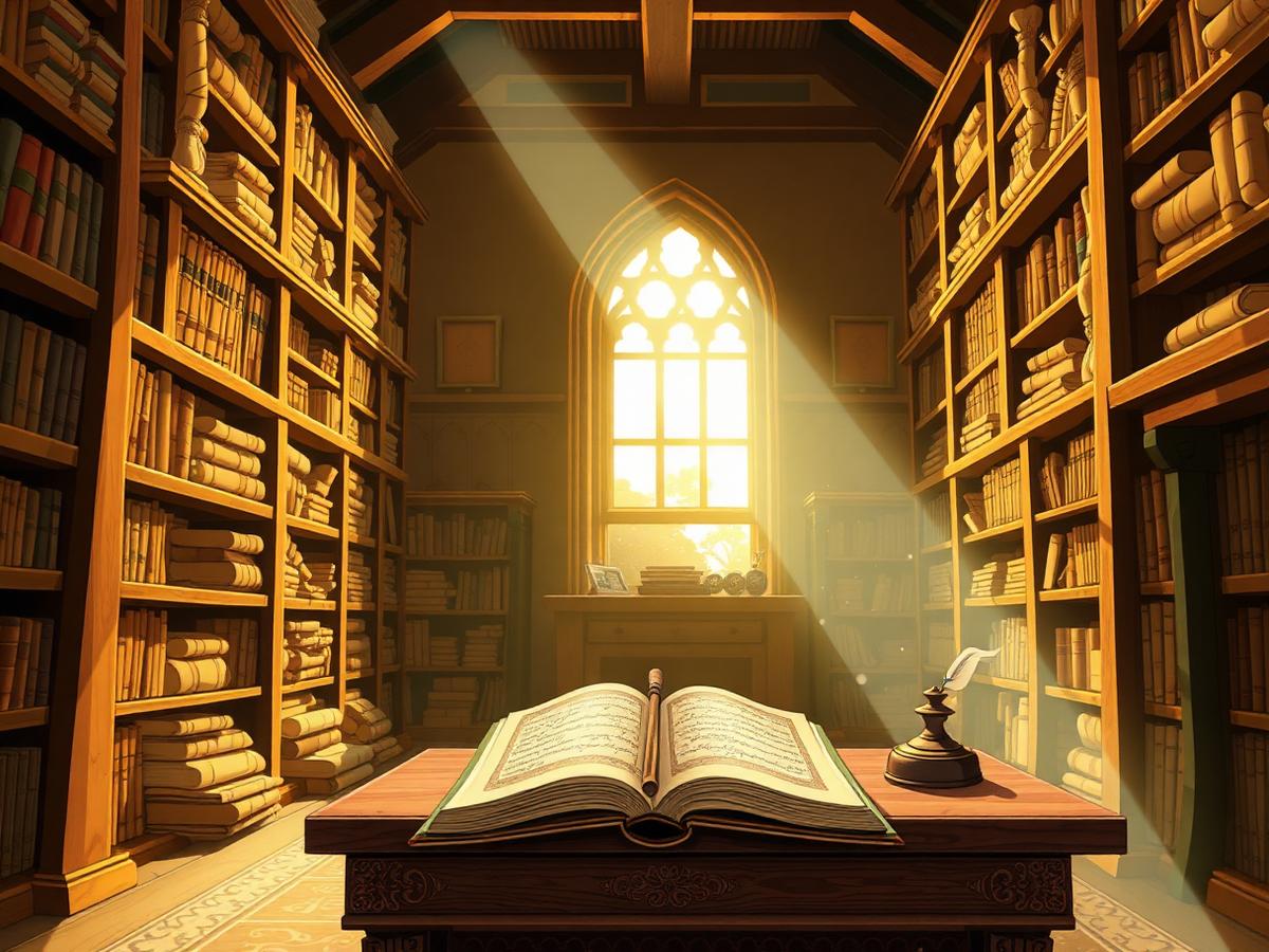 Bibliothèque ancienne, manuscrit ouvert baigné de lumière